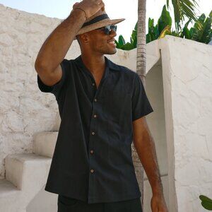 Kenny Flowers The Mykonos Black Linen Camp Collar Shirt Size XL - NWT $88